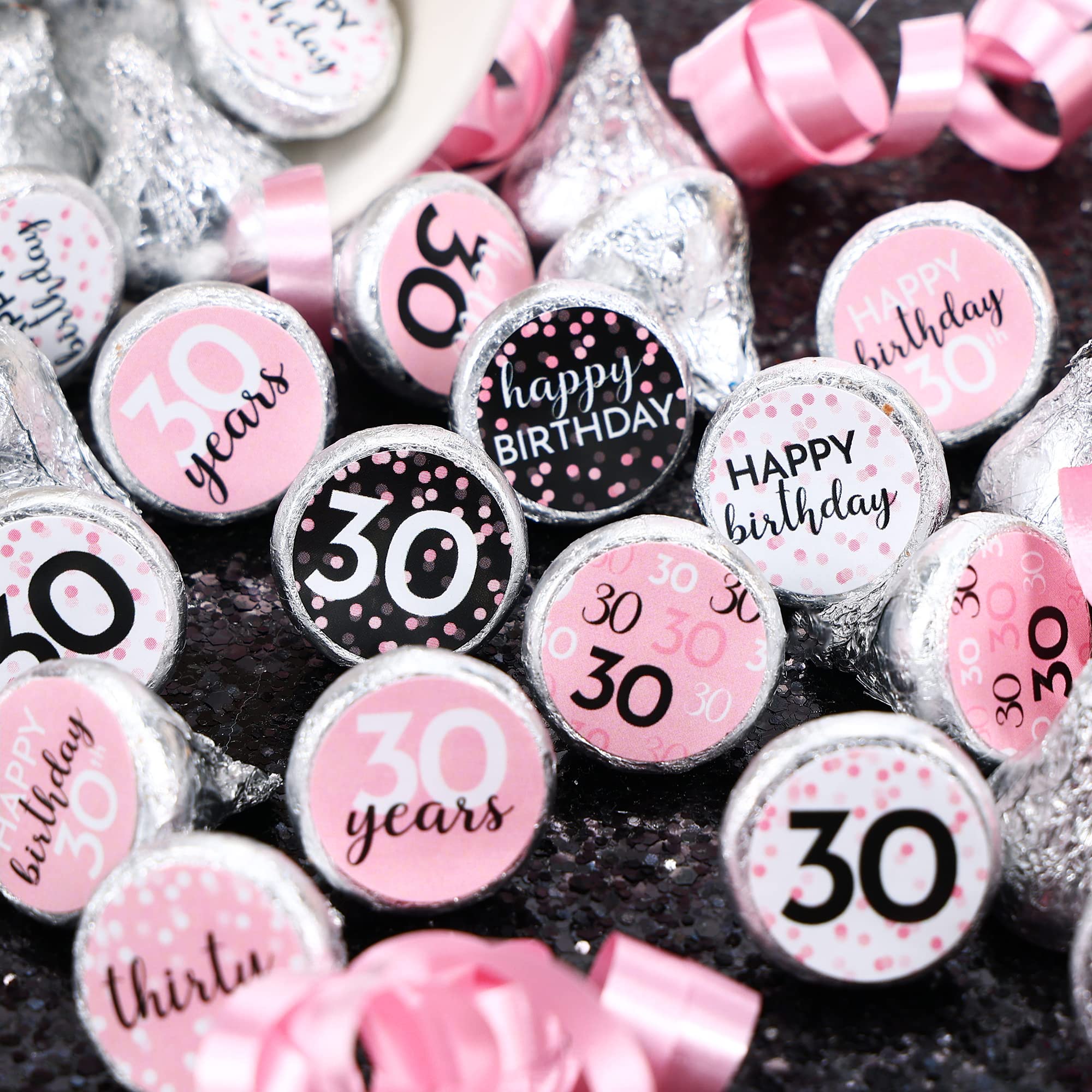 Pink, Black, and White 30th Birthday Party Favor Chocolate Kisses Candy Stickers -180 Count