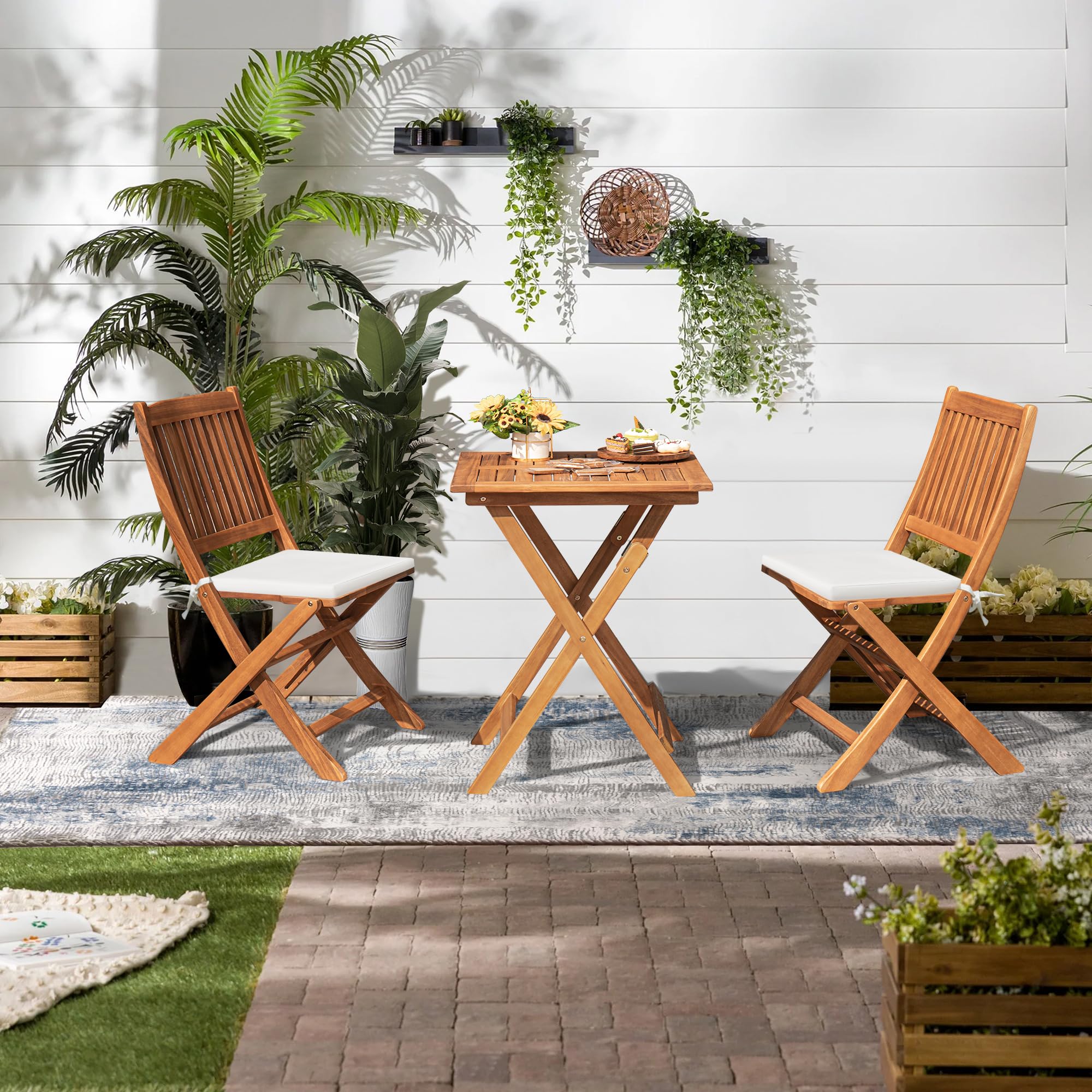 Devoko Outdoor 3 Piece Folding Patio Bistro Set Acacia Wood Bistro Table and Chairs Set of 2 for Garden Poolside Backyard Balcony Porch Deck