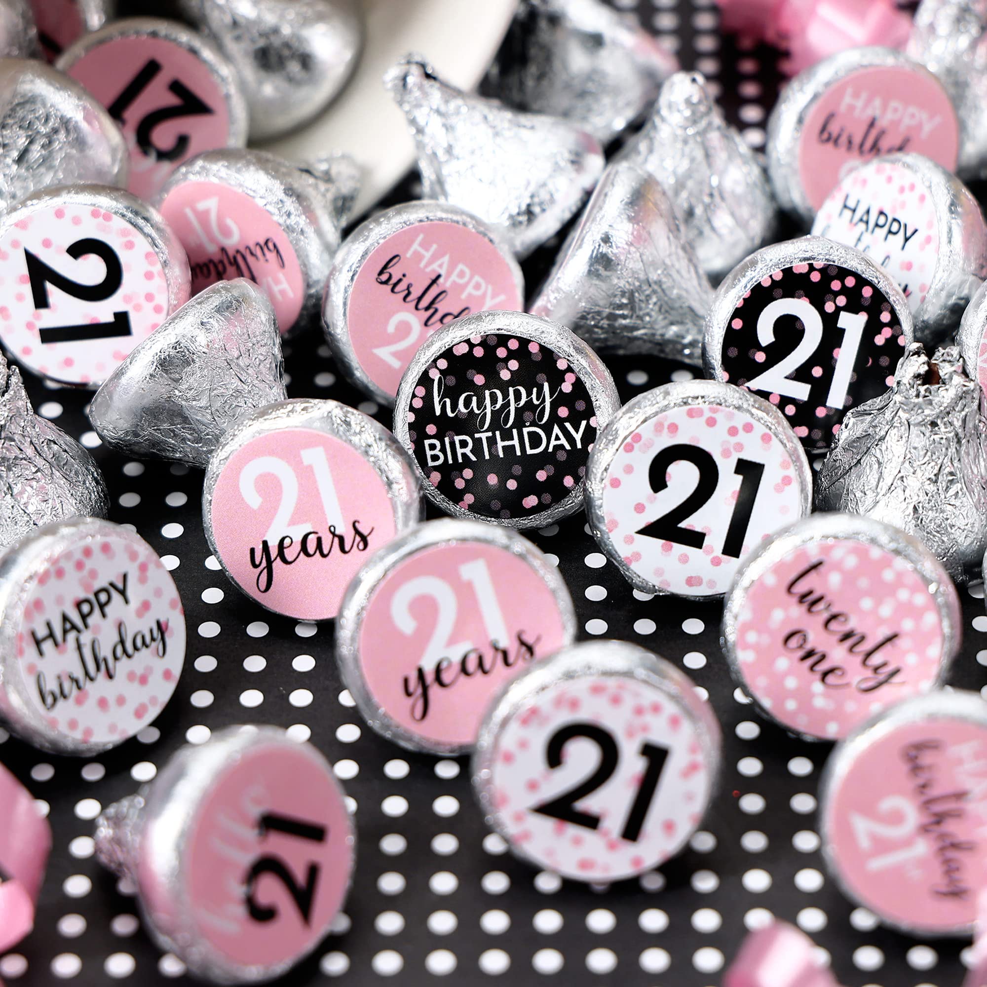 Pink, Black, and White 21st Birthday Party Favor Chocolate Kisses Candy Stickers -180 Count