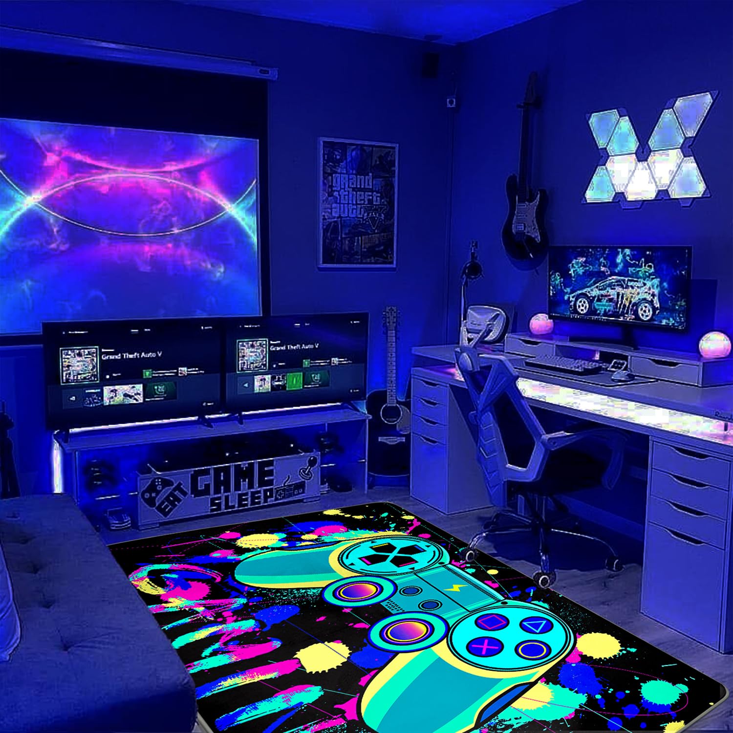 SEBKQ Blacklight Gaming Area Rug, UV Reactive 3D Game Controller Rug, Large Non-Slip Carpet for Boy and Girl Game Room Decor, 70in×47in×0.39in