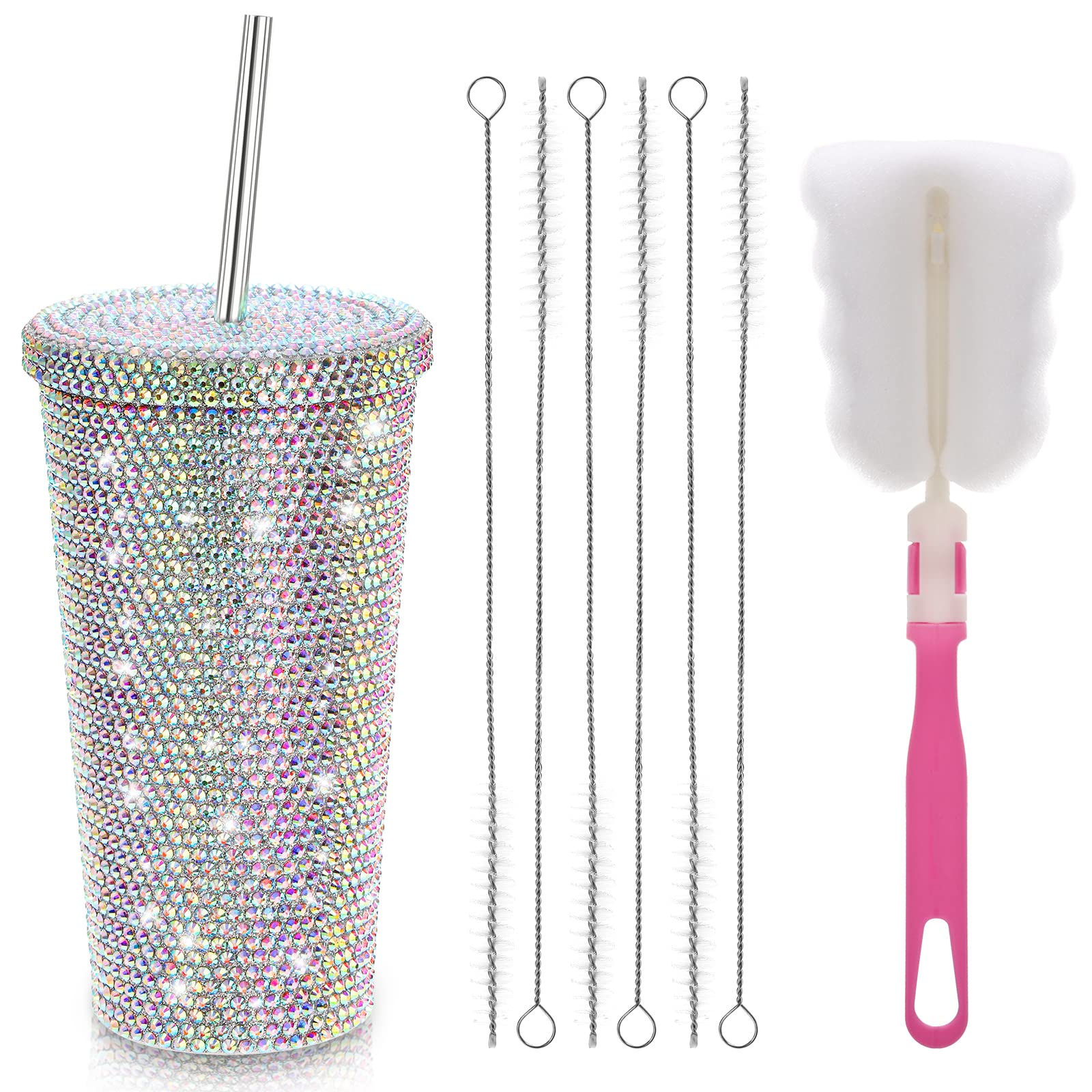 Mezchi Studded Bling Diamond Tumbler, 17 Oz Glitter Tumbler with Lid, Sparkly Stainless Steel Thermal Drinking Water Cup, Rhinestone Tumbler with 1 Pcs Brush 6 Pcs Straw Brushes for Women