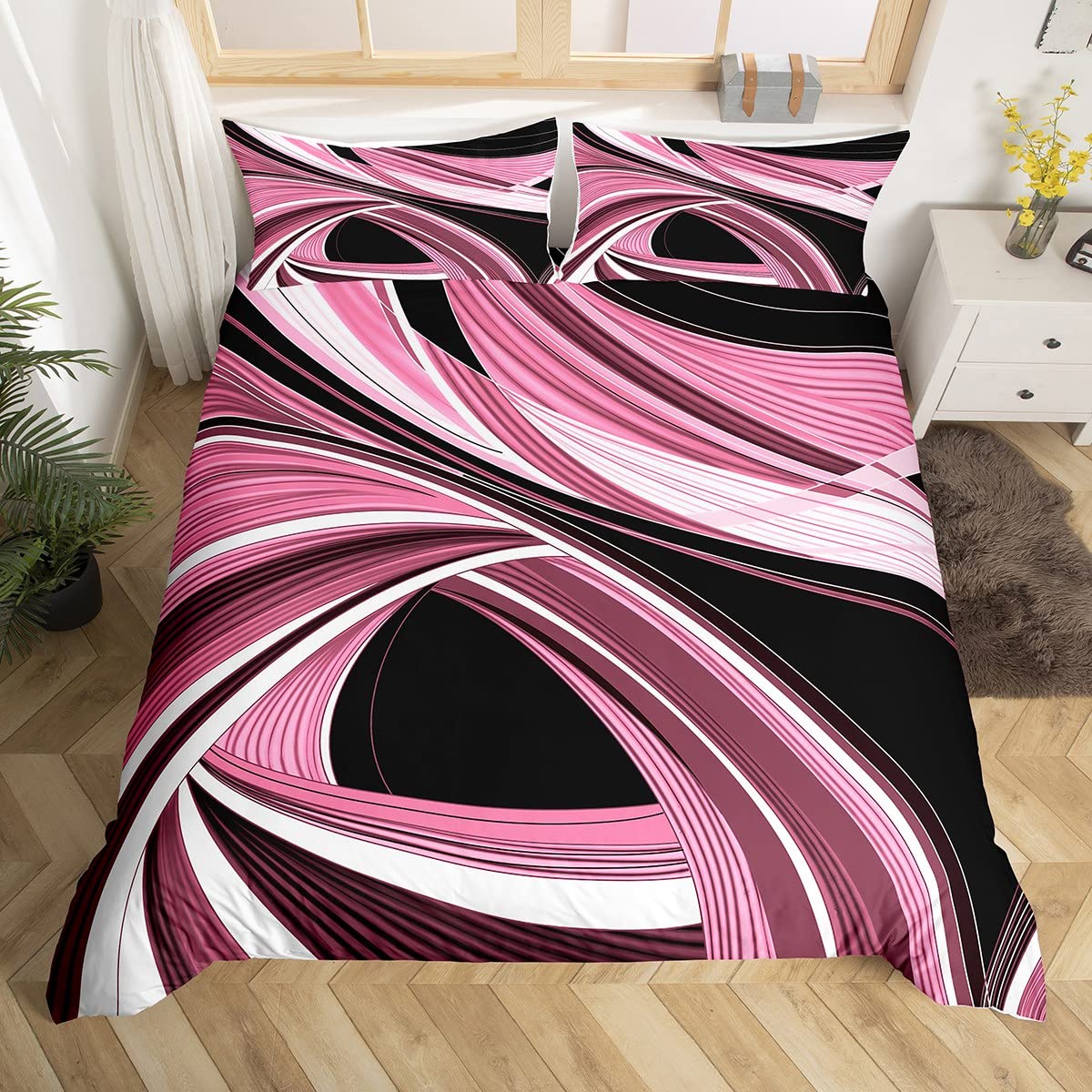 Black and Pink Duvet Cover Geometric Metal Art Bedding Set Retro Stripe Swirl Comforter Cover Retro Circle Geometry Bedspread Cover Full Size with 2 Pillow Case (No Comforter)