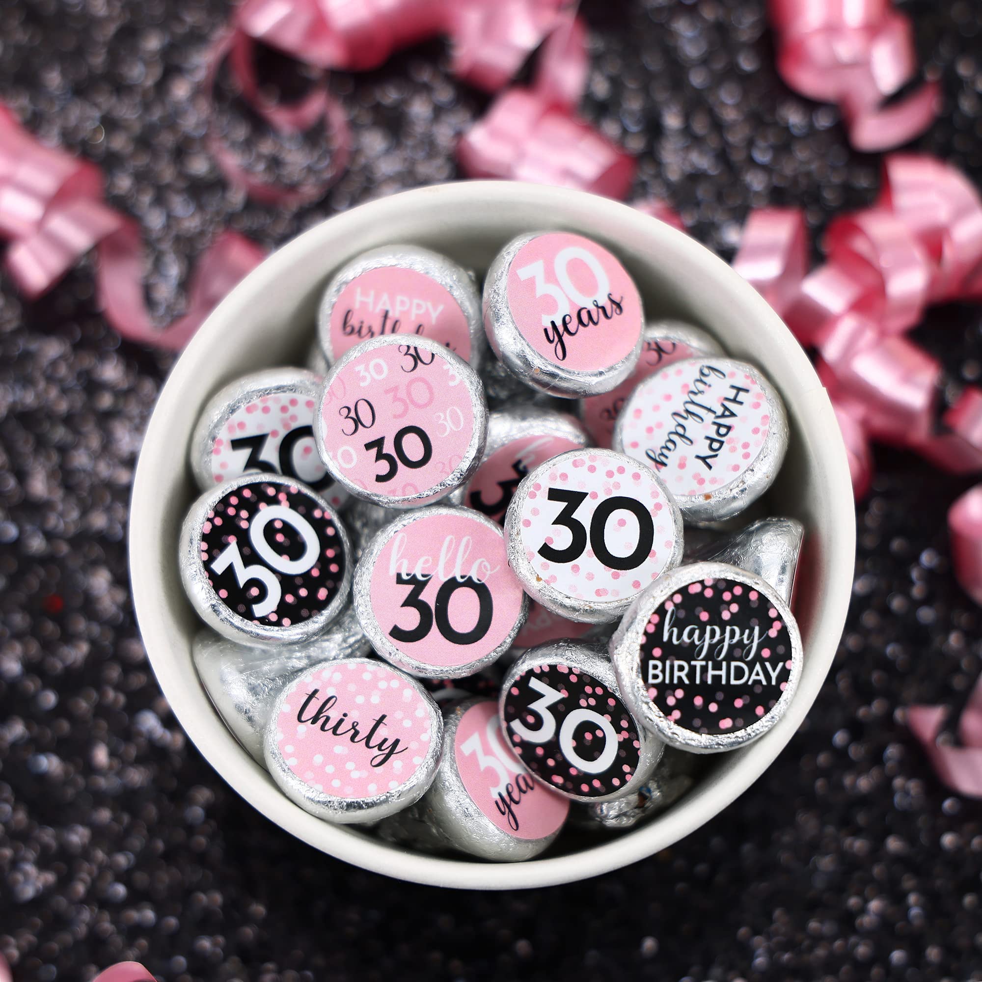 Pink, Black, and White 30th Birthday Party Favor Chocolate Kisses Candy Stickers -180 Count