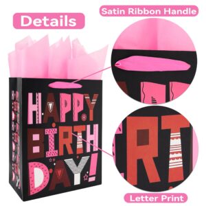 13" Large Pink Gift Bags Set with Greeting Card and Tissue Paper (Pink Happy Birthday) for Girls Birthday Party,Kids Parties,Mother's Day,Baby Shower,Baby Girl -13”x10.1”x5.2”,1 Pcs,