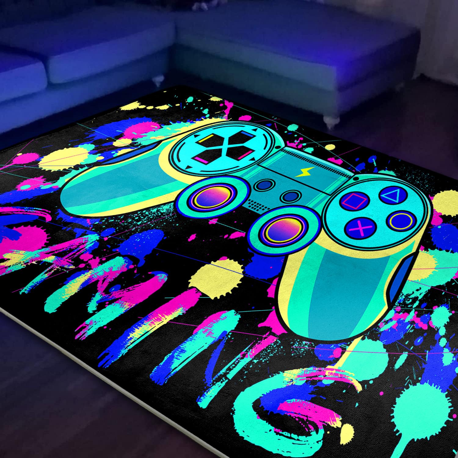 SEBKQ Blacklight Gaming Area Rug, UV Reactive 3D Game Controller Rug, Large Non-Slip Carpet for Boy and Girl Game Room Decor, 70in×47in×0.39in