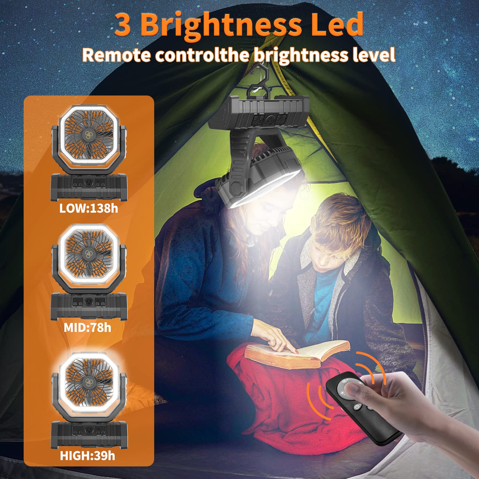 Portable Camping Fan Rechargeable with LED Lantern, 20000mAh Battery Powered Travel Fan with 1-8 Hour Timing Function, 270° Head Rotation, 4 Speeds Settings for Tents, Office, Desk, Camp and Fishing