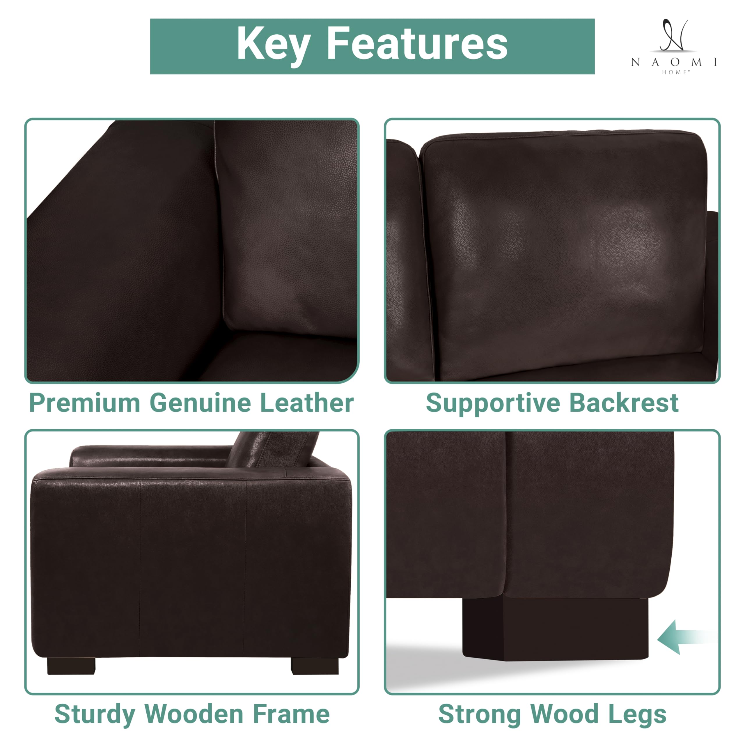 Naomi Home Freya Genuine Leather Sofa - Luxurious Comfort, Goose Feather Cushion Filling, Square Arm Design, Sturdy Block Legs, Elegant Espresso - Ideal for Living Room, Office, or Bedroom