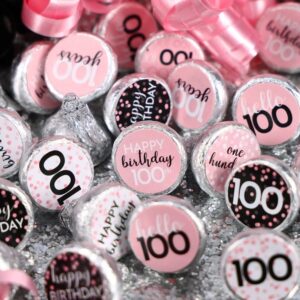 Pink, Black, and White 100th Birthday Party Favor Chocolate Kisses Candy Stickers - 180 Count, 100th Birthday Decorations