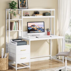 tribesigns 55 inch computer desk with 2 drawers and storage shelves, white office desk with hutch, modern study writing gaming table laptop workstation for home office (white)