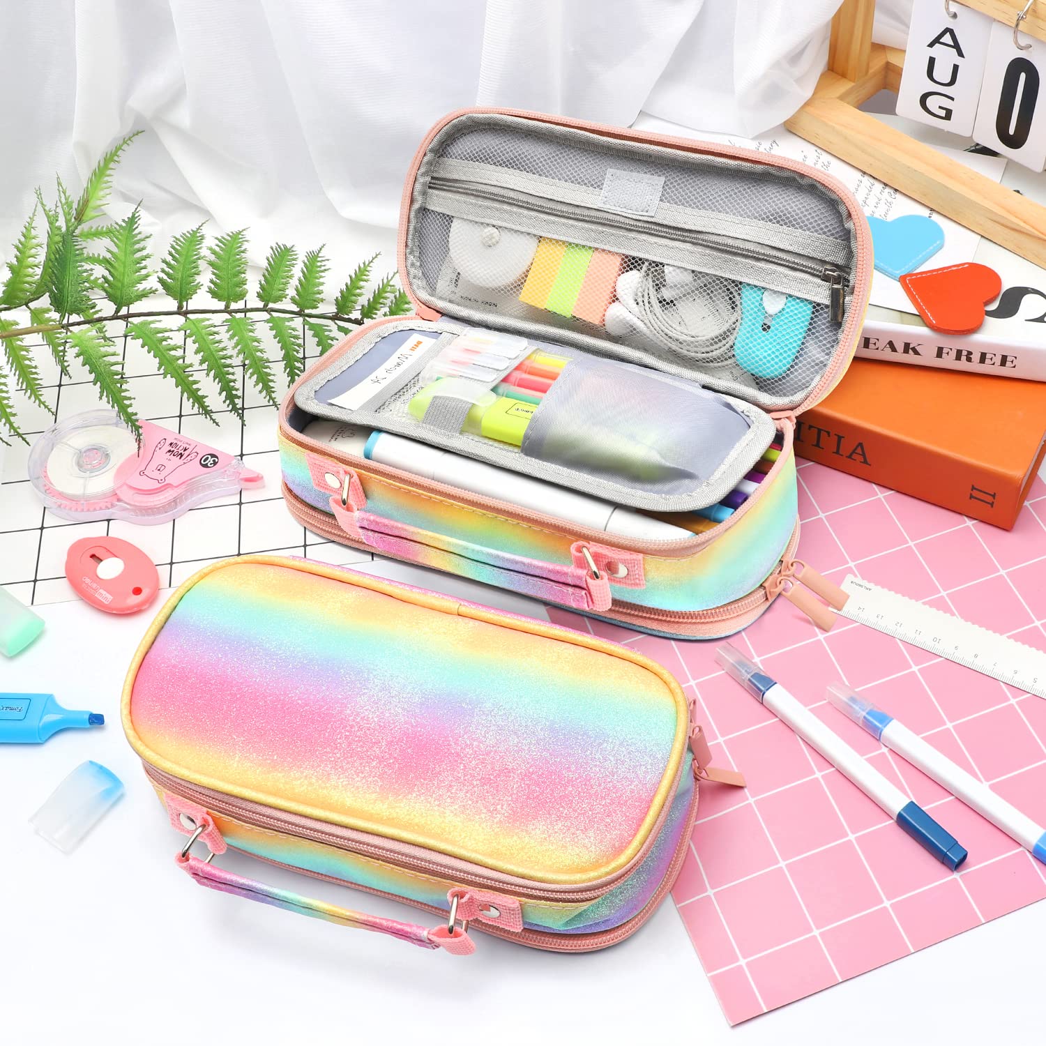 Ayieyill Big Capacity Pencil Case,Large Storage Pencil Pouch Pen Case Bag with Zipper,Cute Pencil Case for School College Student Office Supplies Girls Teen Kids Adult(Rainbow Pink)