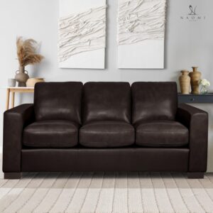 naomi home freya genuine leather sofa - luxurious comfort, goose feather cushion filling, square arm design, sturdy block legs, elegant espresso - ideal for living room, office, or bedroom