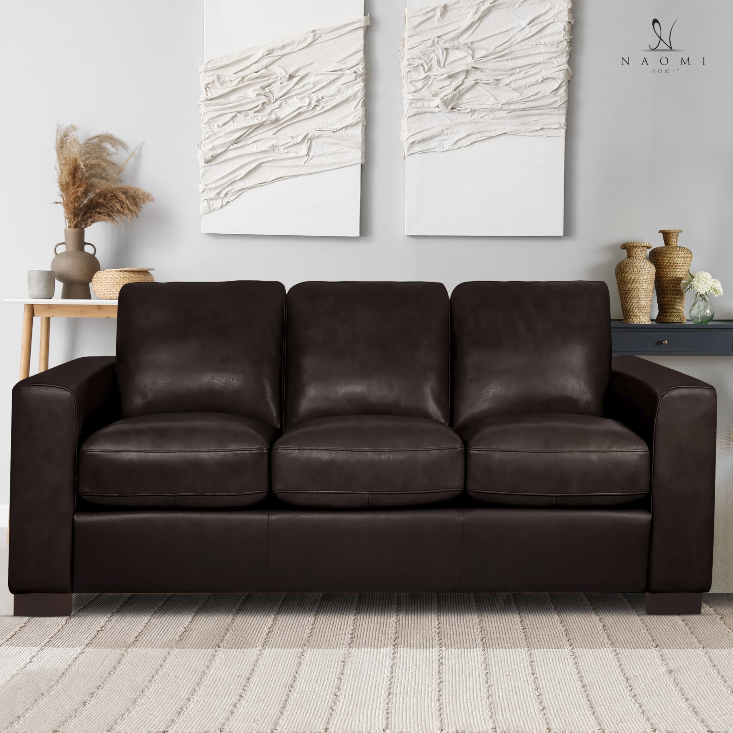 Naomi Home Freya Genuine Leather Sofa - Luxurious Comfort, Goose Feather Cushion Filling, Square Arm Design, Sturdy Block Legs, Elegant Espresso - Ideal for Living Room, Office, or Bedroom