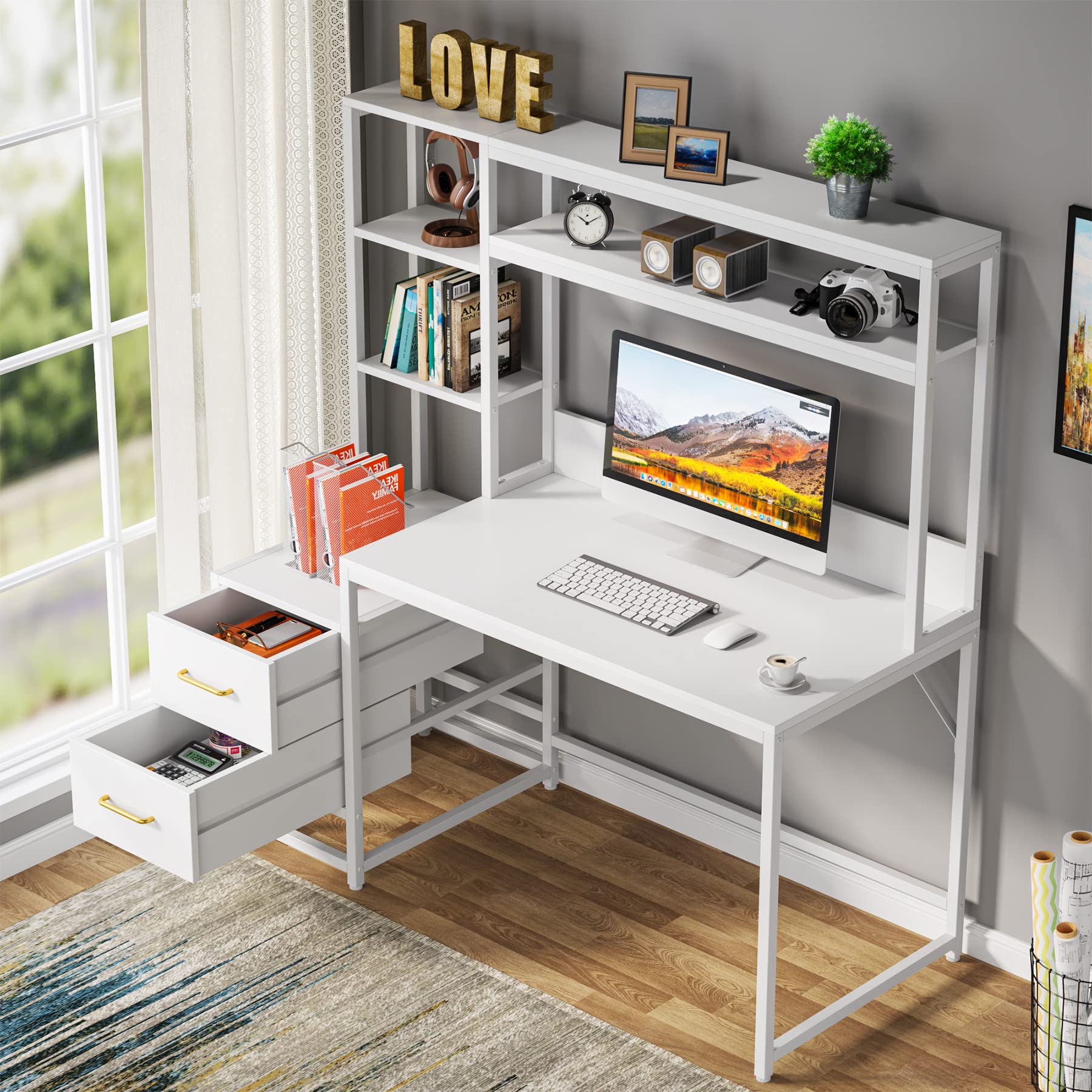 Tribesigns 55 Inch Computer Desk with 2 Drawers and Storage Shelves, White Office Desk with Hutch, Modern Study Writing Gaming Table Laptop Workstation for Home Office (White)