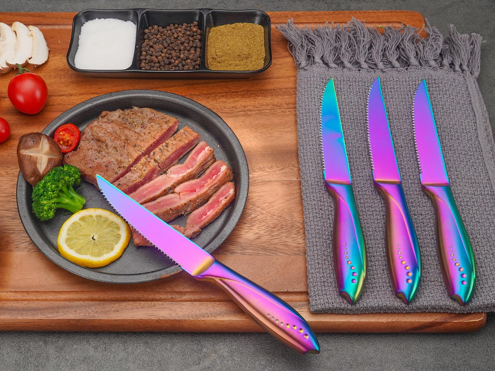 Rainbow Serrated Steak Knife 4 Piece Set, German High Carton Stainless Steel Blade for Home Restaurant