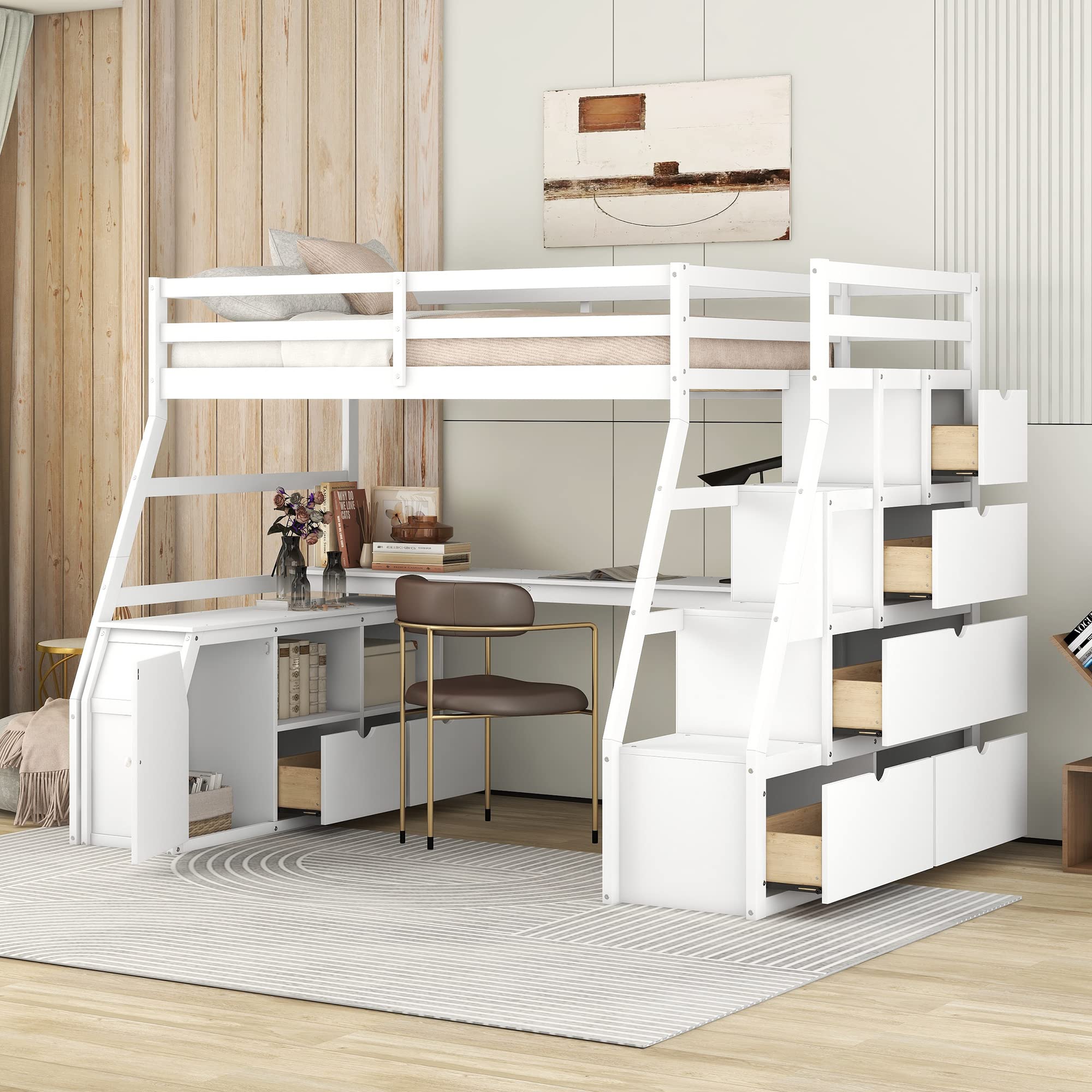 CITYLIGHT Twin Size Loft Bed with Desk and Stairs, Wooden Twin Loft Bed with 7 Drawers and 2 Shelves,Loft Bed with Storage and Stairs for Girls Boys Teens,White