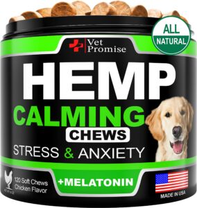 hemp calming chews for dogs with anxiety and stress - dog calming treats - dog anxiety relief - separation - travel - barking - melatonin for dogs - hemp oil - calming treats for dogs - 120 treats