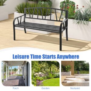 Giantex Garden Bench for Outside 50 Inch - Outdoor Bench with Metal Frame, Patio Metal Bench with Backrest, Armrests and Slatted Seat for Park, Porch, Backyard, 660 lbs Max Load, Black