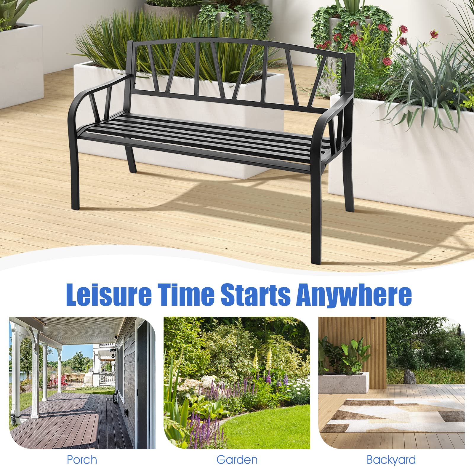 Giantex Garden Bench for Outside 50 Inch - Outdoor Bench with Metal Frame, Patio Metal Bench with Backrest, Armrests and Slatted Seat for Park, Porch, Backyard, 660 lbs Max Load, Black