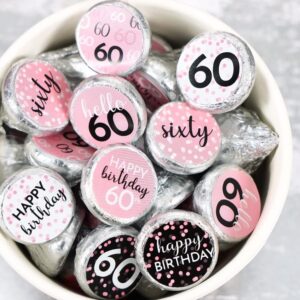 Pink, Black, and White 60th Birthday Party Favor Stickers, Kisses Candy Labels - 180 Count, 60th Birthday Decorations for Women