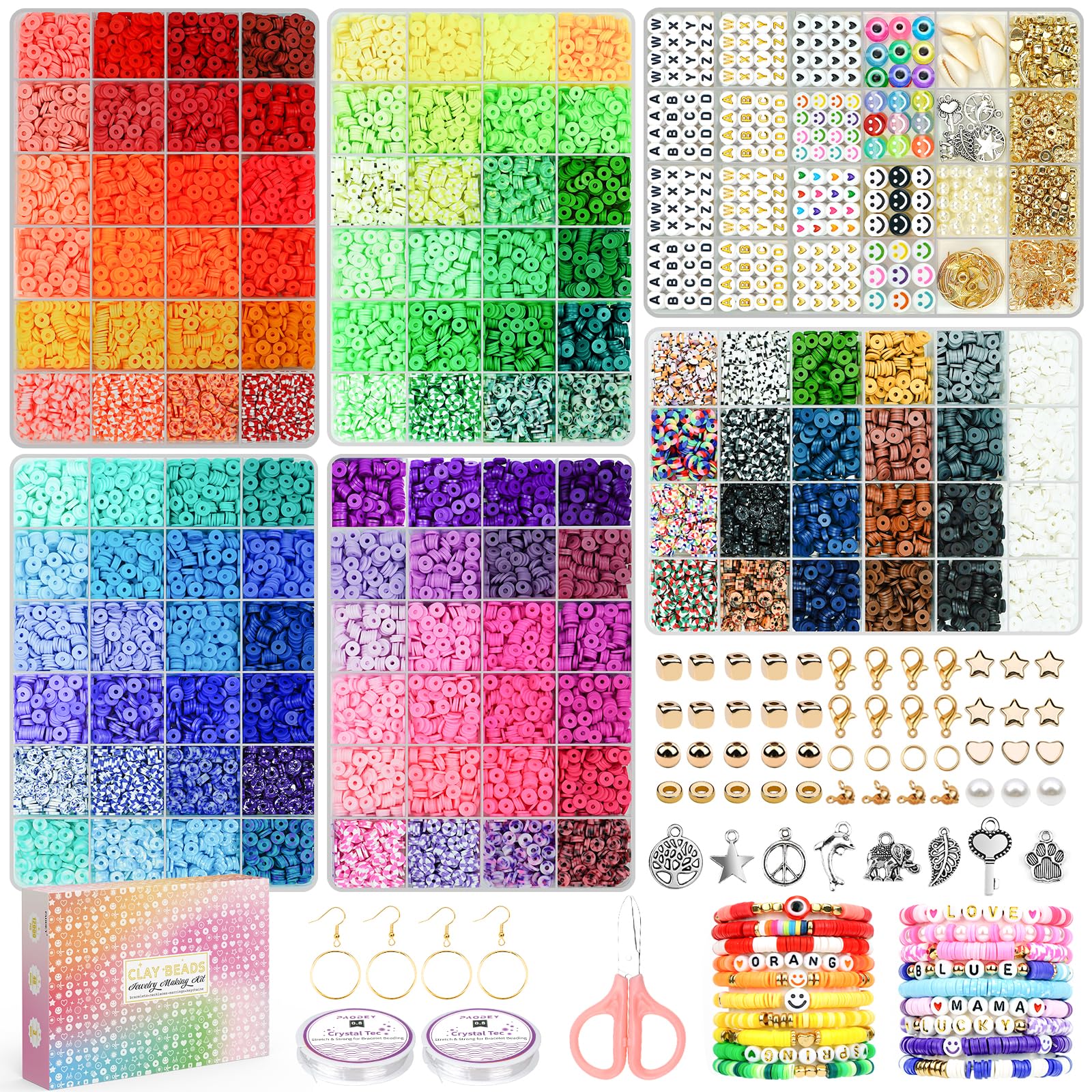 Paodey 20,000 Pcs Clay Beads Bracelet Making Kit, 120 Colors 6 Boxes Polymer Beads Spacer Heishi Beads & Jewelry Kit with Pendant Charms Elastic Strings, Crafts Gift for Kids Adults