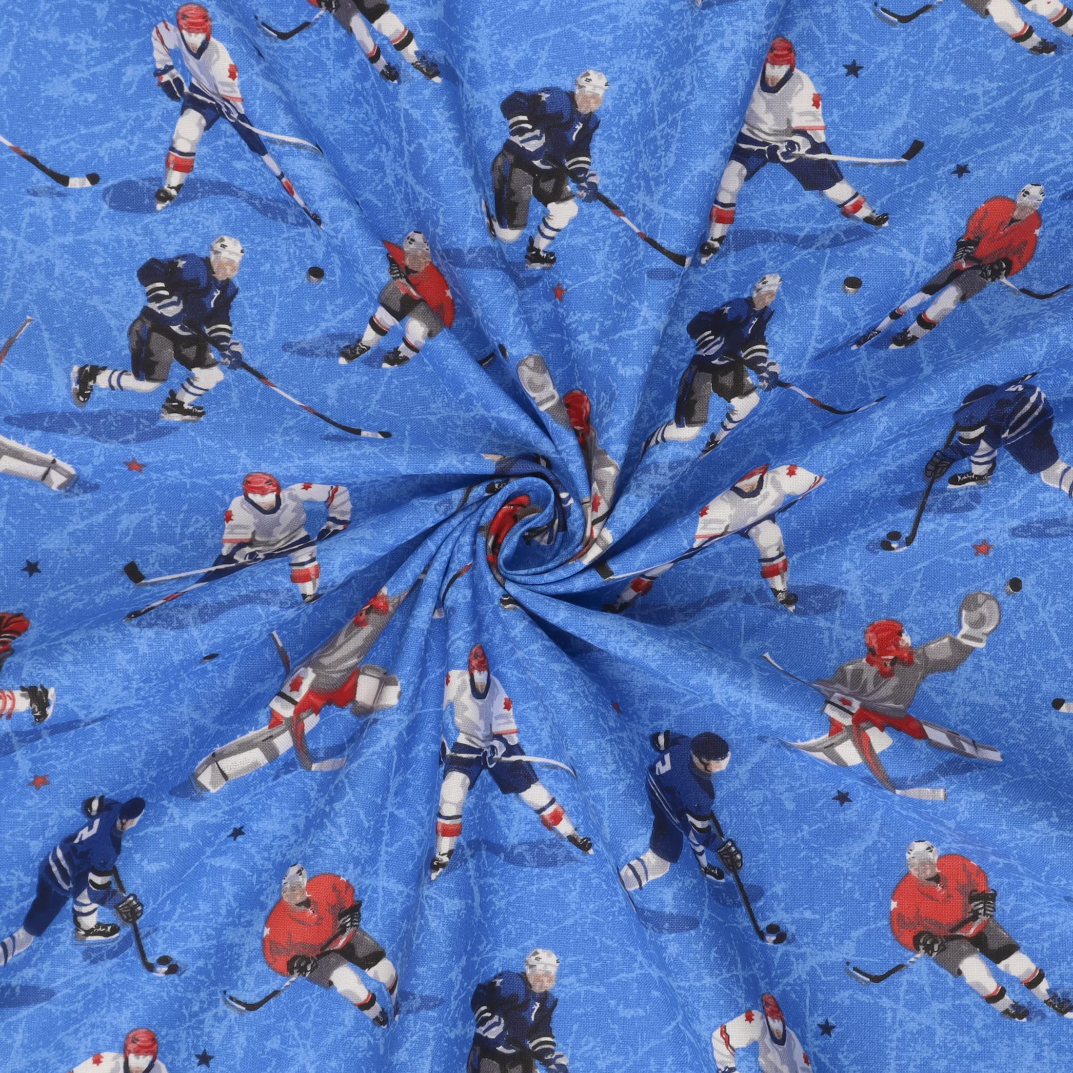 Mook Fabrics Cotton Hockey Players, Cracked Ice Blue Cut by The yard