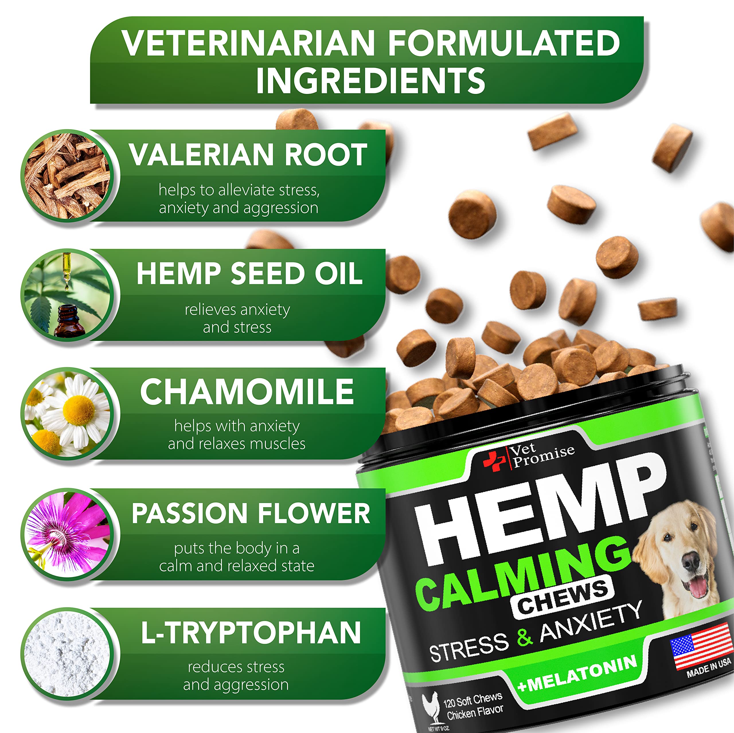 Hemp Calming Chews for Dogs with Anxiety and Stress - Dog Calming Treats - Dog Anxiety Relief - Separation - Travel - Barking - Melatonin for Dogs - Hemp Oil - Calming Treats for Dogs - 120 Treats