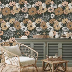 Akywall Vintage Green Floral Wallpaper Peel and Stick Textured Boho Flower Contact Paper Retro Self Adhesive Removable Vinyl Roll Daisy Leaf Mural Forest Green/Brown/White 17.3 x 78.7in