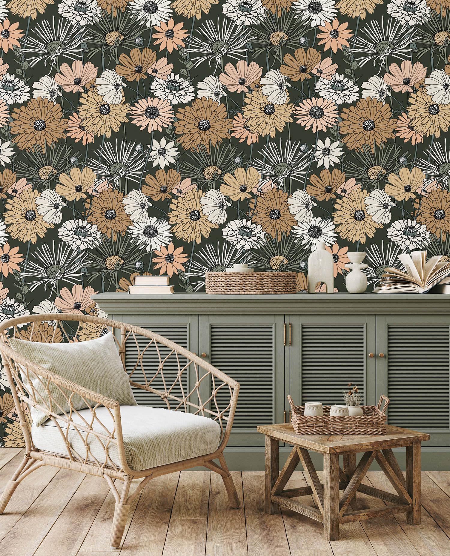 Akywall Vintage Green Floral Wallpaper Peel and Stick Textured Boho Flower Contact Paper Retro Self Adhesive Removable Vinyl Roll Daisy Leaf Mural Forest Green/Brown/White 17.3 x 78.7in