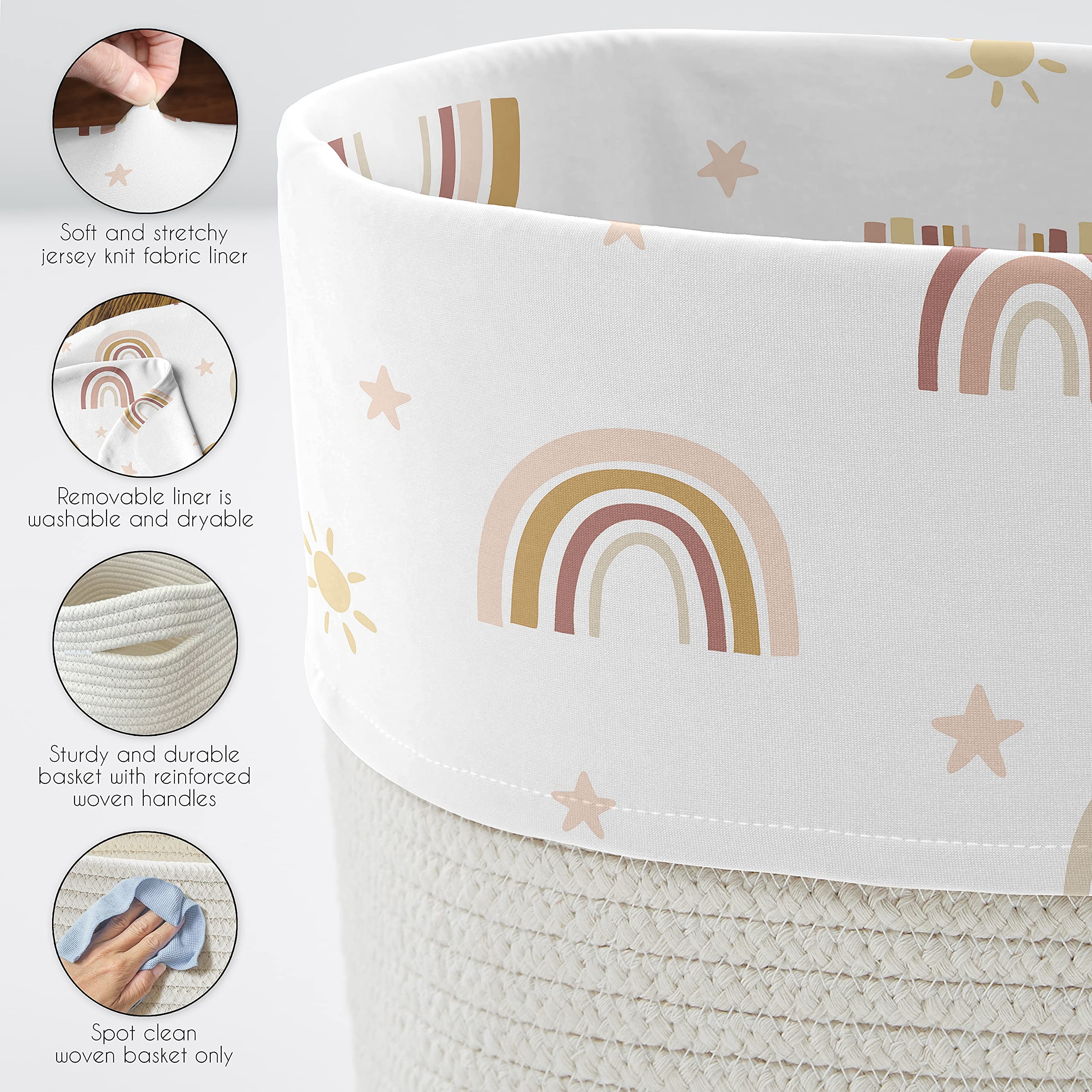 Sweet Jojo Designs Boho Rainbow Girl Woven Laundry Basket Hamper Cotton Rope Storage Bin Dirty Clothes Toys Closet Organizer Removeable Liner Blush Pink Yellow Tan Bohemian Modern Vintage Gold Neutral