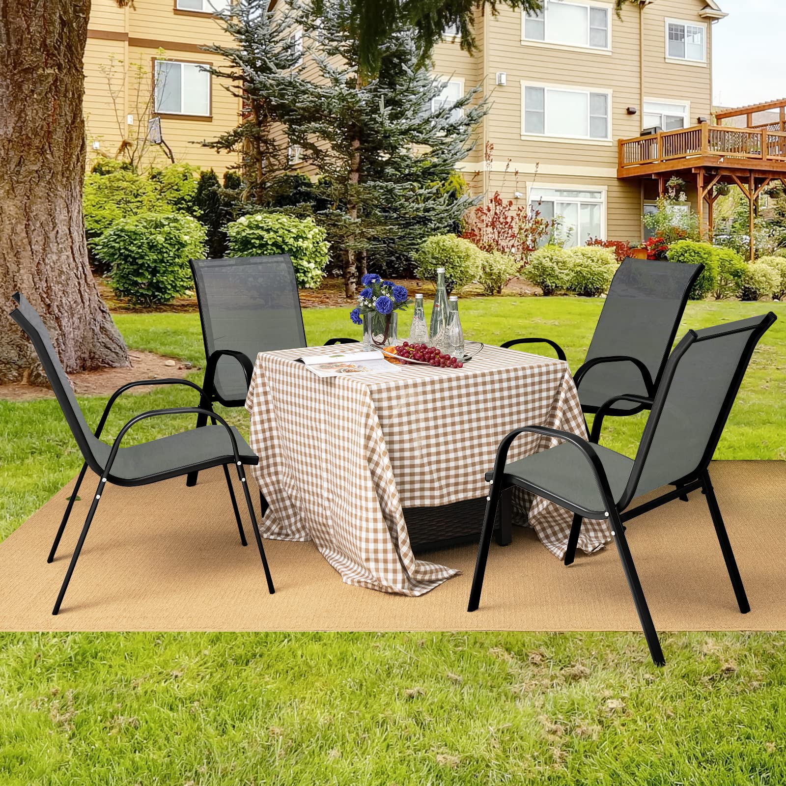 Giantex Set of 4 Patio Chairs, Outdoor Stackable Dining Chairs w/Armrests, 330 LBS Capacity, All Weather Fabric, Heavy Duty Rustproof Steel Frame, Lawn Chairs for Porch, Yard, Pool, Garden (Gray)