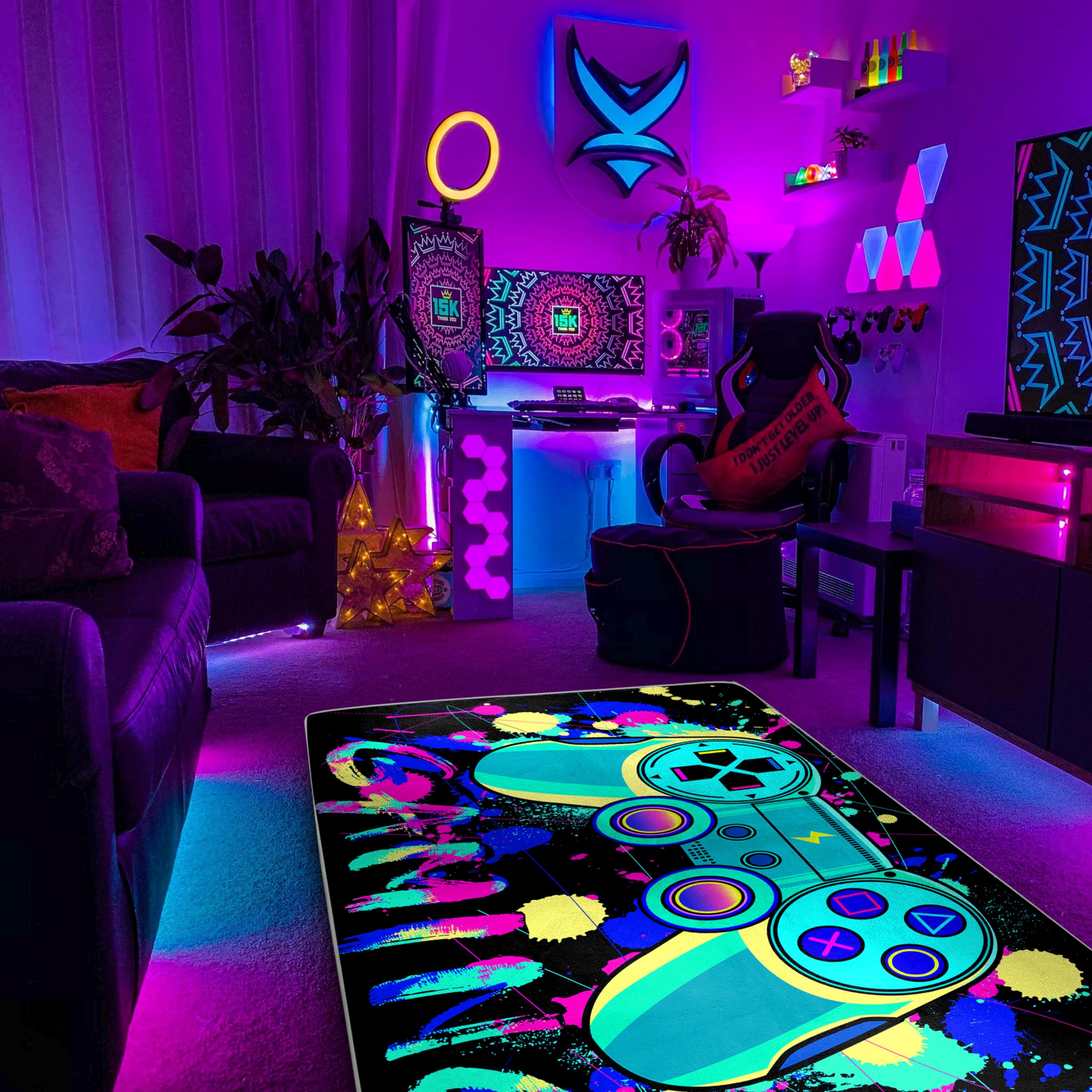 SEBKQ Blacklight Gaming Area Rug, UV Reactive 3D Game Controller Rug, Large Non-Slip Carpet for Boy and Girl Game Room Decor, 70in×47in×0.39in