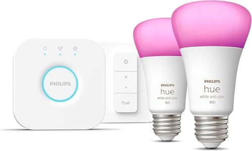 Philips Hue Smart Light Starter Kit - Includes (1) Bridge, (1) Dimmer Switch and (2) A19 LED Bulbs - White and Color Ambiance Color-Changing Light - 800LM - E26 - Control with App or Voice Assistant