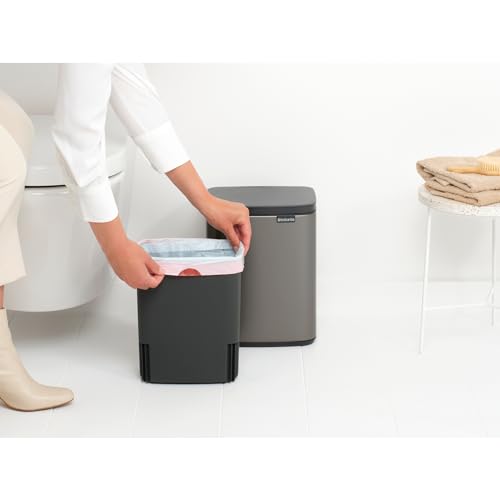 Brabantia Small Bo Trash Can 1.8 Gal - Easy Open, Soft Closing Lid, Hygienic, Space Efficient - for Bathroom, Home Office, Bedroom - Platinum - LWH 9.5 x 8.2 x 12.5