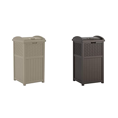 Suncast 33 Gal Hideaway Trash Can for Patio - Resin Outdoor Trash with Lid & 33 Gal Hideaway Can Resin Outdoor Trash with Lid Use in Backyard, Deck, or Patio, 33-Gal, Brown