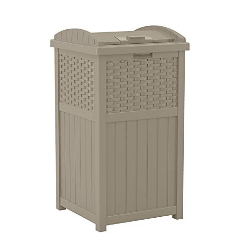 Suncast 33 Gal Hideaway Trash Can for Patio - Resin Outdoor Trash with Lid & 33 Gal Hideaway Can Resin Outdoor Trash with Lid Use in Backyard, Deck, or Patio, 33-Gal, Brown