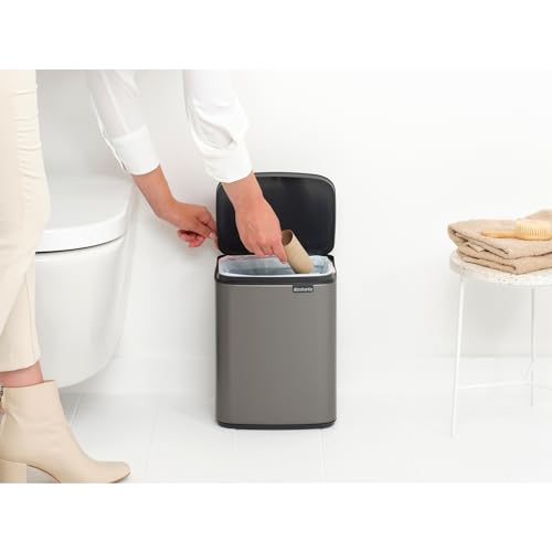 Brabantia Small Bo Trash Can 1.8 Gal - Easy Open, Soft Closing Lid, Hygienic, Space Efficient - for Bathroom, Home Office, Bedroom - Platinum - LWH 9.5 x 8.2 x 12.5