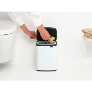 Brabantia Small Bo Trash Can 1.1 Gal - Easy Open, Soft Closing Lid, Hygienic, Space Efficient - for Bathroom, Home Office, Bedroom - White - LWH 7.9 x 6.8 x 10.7