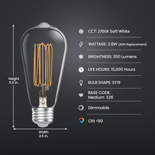 Feit Electric ST19 Vintage Edison LED Light Bulb, 40W Equivalent, Dimmable, 2700K Soft White, E26 Base, Clear Glass Thin Filament Lighting Bulbs, 15,000-Hour Lifetime, ST1940/927CATFIL/2, 2 Pack