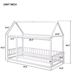 AnwickNomo Twin Size Floor Bed with Fence for Toddler, Montessori Bed with House Roof, Wooden Floor Bed Frame for Boy Girl Kids (White)