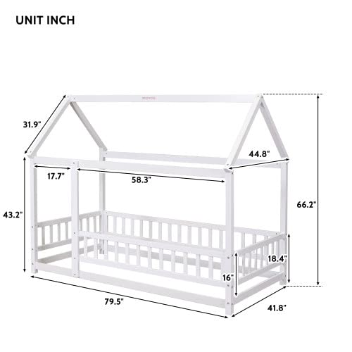 AnwickNomo Twin Size Floor Bed with Fence for Toddler, Montessori Bed with House Roof, Wooden Floor Bed Frame for Boy Girl Kids (White)