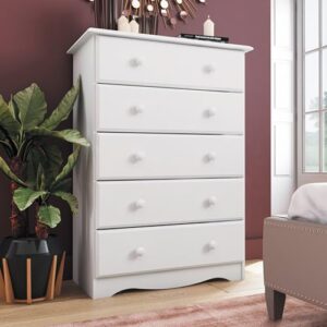 Copper Grove Palace Imports 100% Solid Wood 5-Drawer Chest with Metal or Wooden Knobs Honey Pine Stained Light Wood