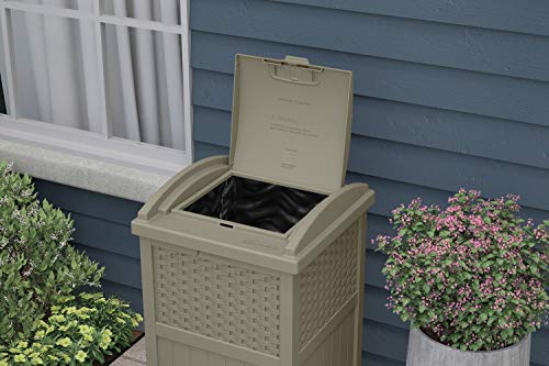 Suncast 33 Gal Hideaway Trash Can for Patio - Resin Outdoor Trash with Lid & 33 Gal Hideaway Can Resin Outdoor Trash with Lid Use in Backyard, Deck, or Patio, 33-Gal, Brown