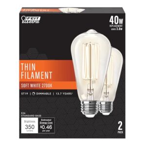 feit electric st19 vintage edison led light bulb, 40w equivalent, dimmable, 2700k soft white, e26 base, clear glass thin filament lighting bulbs, 15,000-hour lifetime, st1940/927catfil/2, 2 pack