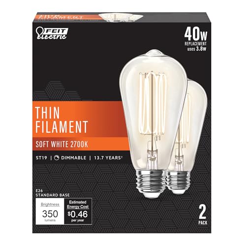 Feit Electric ST19 Vintage Edison LED Light Bulb, 40W Equivalent, Dimmable, 2700K Soft White, E26 Base, Clear Glass Thin Filament Lighting Bulbs, 15,000-Hour Lifetime, ST1940/927CATFIL/2, 2 Pack