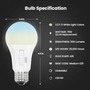 Feit Electric A19 LED Light Bulb, 75W Equivalent, Dimmable, Color Selectable 6-Way, E26 Medium Base, 90 CRI, 1100 Lumens, Damp Rated Standard Bulb, 22-Year Lifetime, OM75DM/6WYCA/2, 2 Pack