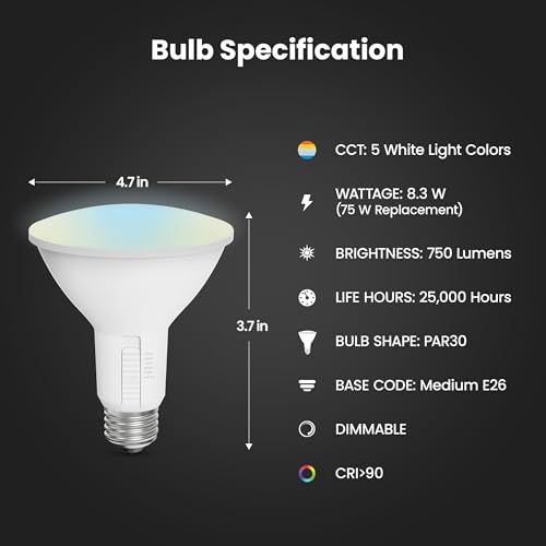 Feit Electric PAR30 LED Light Bulb, 75W Equivalent, Dimmable, Color Selectable 6-Way, E26 Medium Base, 90 CRI, 750 Lumens, Damp Rated Flood Light Bulb, 22-Year Lifetime, PAR30DM/6WYCA/2, 2 Pack