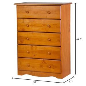 Copper Grove Palace Imports 100% Solid Wood 5-Drawer Chest with Metal or Wooden Knobs Honey Pine Stained Light Wood