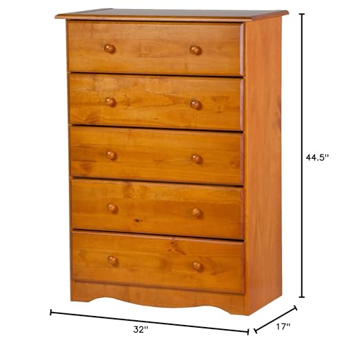 Copper Grove Palace Imports 100% Solid Wood 5-Drawer Chest with Metal or Wooden Knobs Honey Pine Stained Light Wood