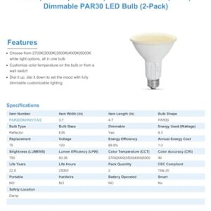 Feit Electric PAR30 LED Light Bulb, 75W Equivalent, Dimmable, Color Selectable 6-Way, E26 Medium Base, 90 CRI, 750 Lumens, Damp Rated Flood Light Bulb, 22-Year Lifetime, PAR30DM/6WYCA/2, 2 Pack