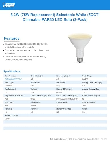 Feit Electric PAR30 LED Light Bulb, 75W Equivalent, Dimmable, Color Selectable 6-Way, E26 Medium Base, 90 CRI, 750 Lumens, Damp Rated Flood Light Bulb, 22-Year Lifetime, PAR30DM/6WYCA/2, 2 Pack